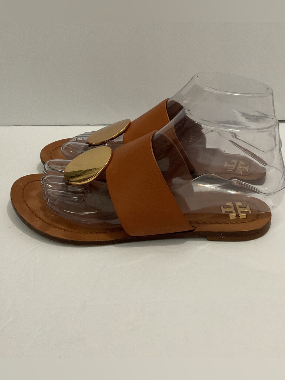 Tory Burch Patos Gold Disk Luxury Leather Top & Bottom Sandal Mou Cognac Brown 6